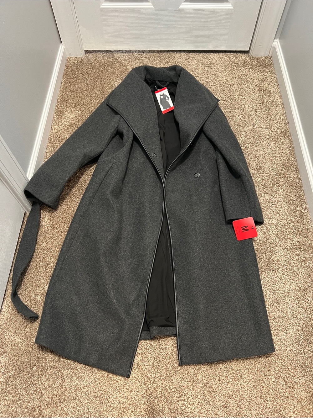 Tahari Charcoal Gray Long Wool-Blend Trench Coat